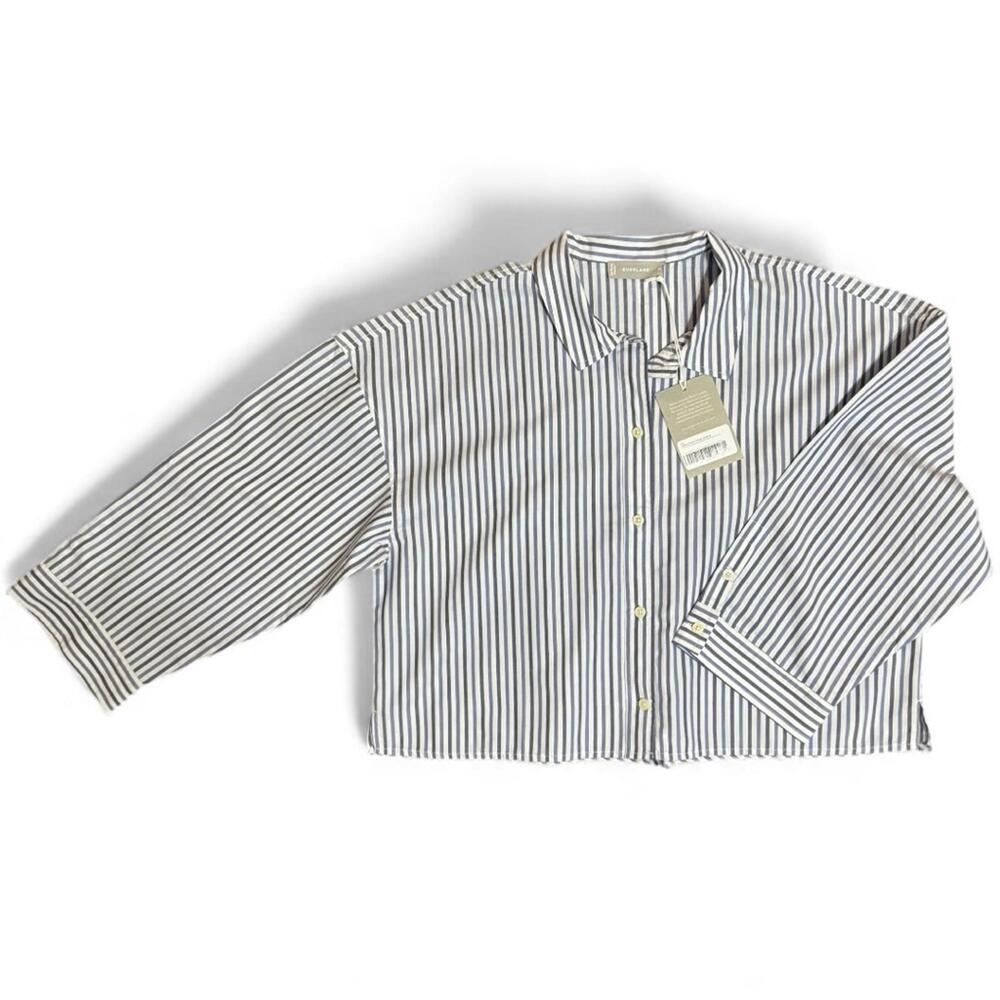 Everlane Boxy Cotton Shirt Blue Stripe Cropped Button Top NWT Loungewear XXS - Picture 2 of 6